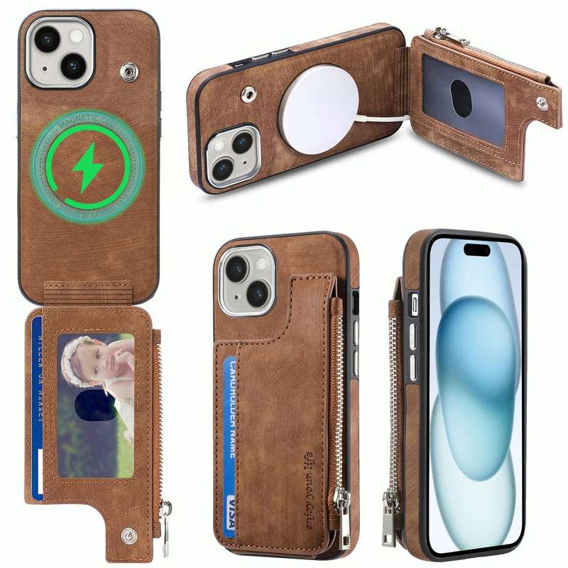 For iPhone 15 Magsafe Zipper RFID Wallet All-inclusive Shockrpoof Phone Case(Brown)