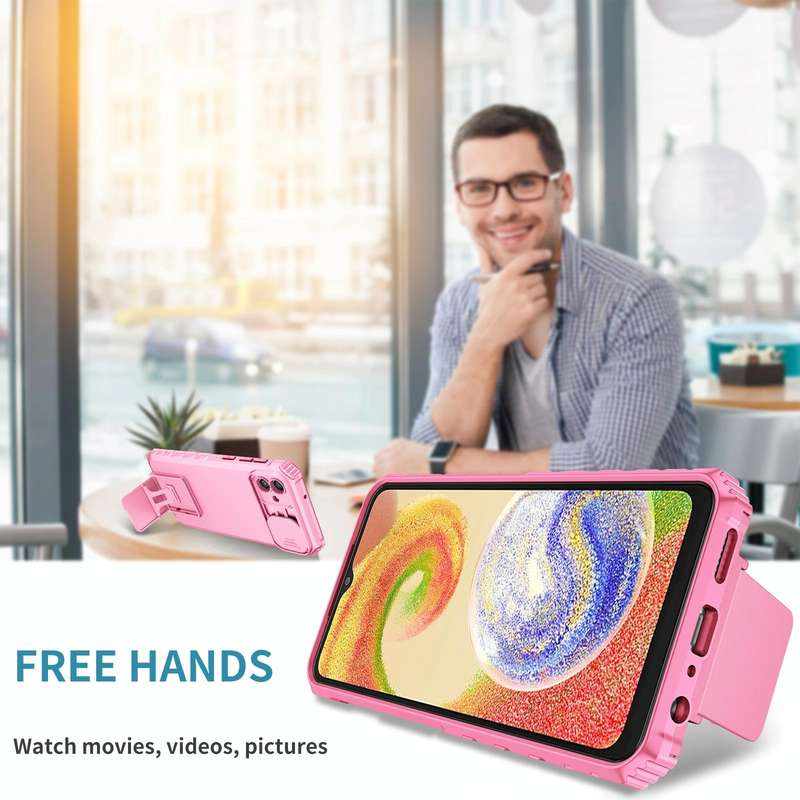 For Samsung Galaxy A04 4G Stereoscopic Holder Sliding Camshield Phone Case(Pink)