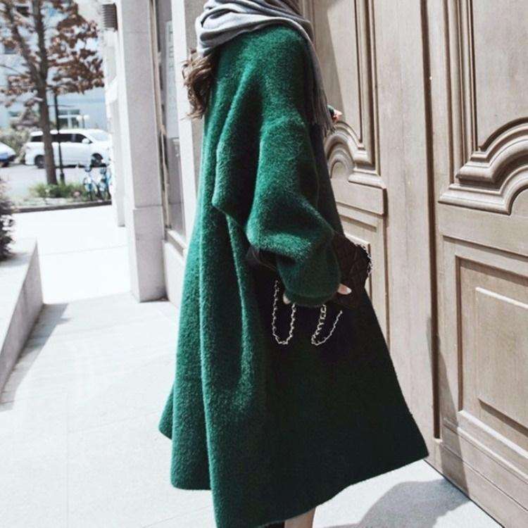 Loose Bat Plus Size Thickened Nightgown Women Knitted Cardigan Sweater Coat (Color:Green Size:Fre...