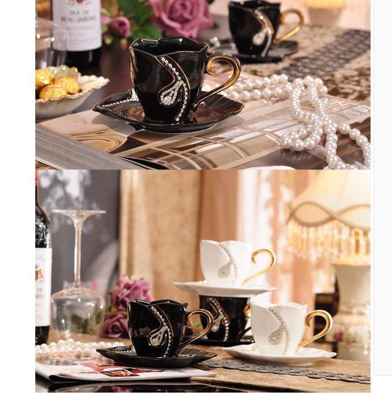 Diamonds Design Coffee Mug Creative Gift Lovers Tea Cups 3D Ceramic Mugs with Rhinestones(Black)