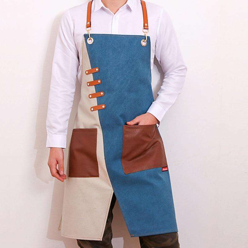 Denim Apron Barber Milk Tea Shop Waiter Overalls(Green-yellow Hook Strap)