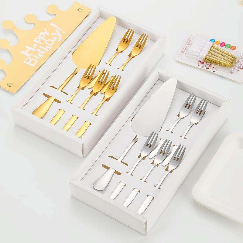 6pcs/set Stainless Steel Cake Knife And Fork Set, Color: Silver With 3-tine Forks