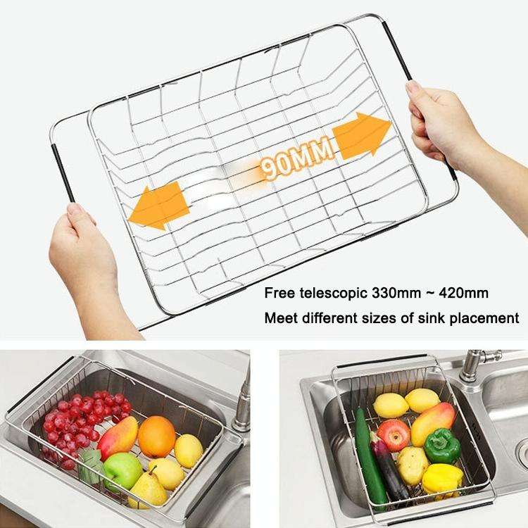 Kitchen Dish Drainer Sink Drain Basket Washing Vegetable Fruit Drying Holder Stainless Steel Adju...