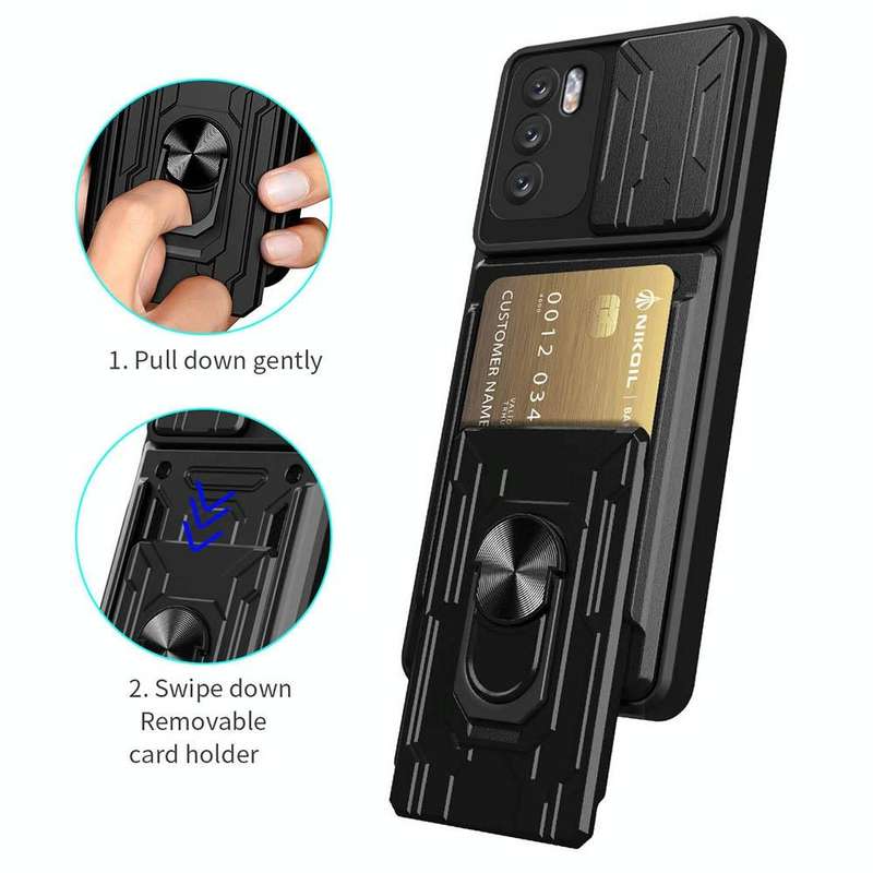 For OPPO A16 Sliding Camshield TPU+PC Phone Case with Card Slot(Grey)