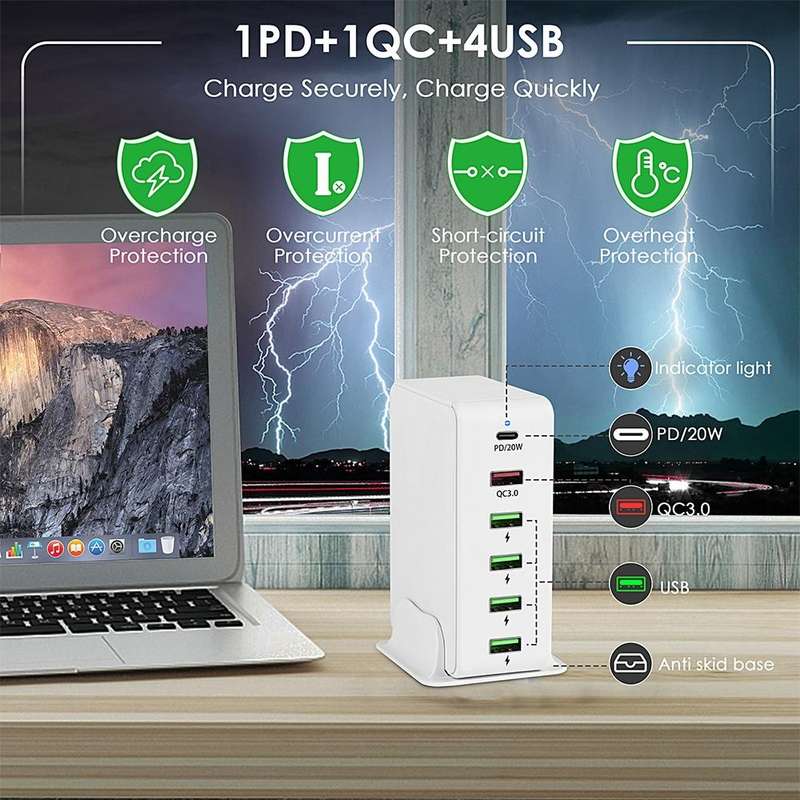 6 in 1 65W PD USB-C / Type-C + QC 3.0 USB + 4 USB Multi-port Travel Charger, UK Plug(White)
