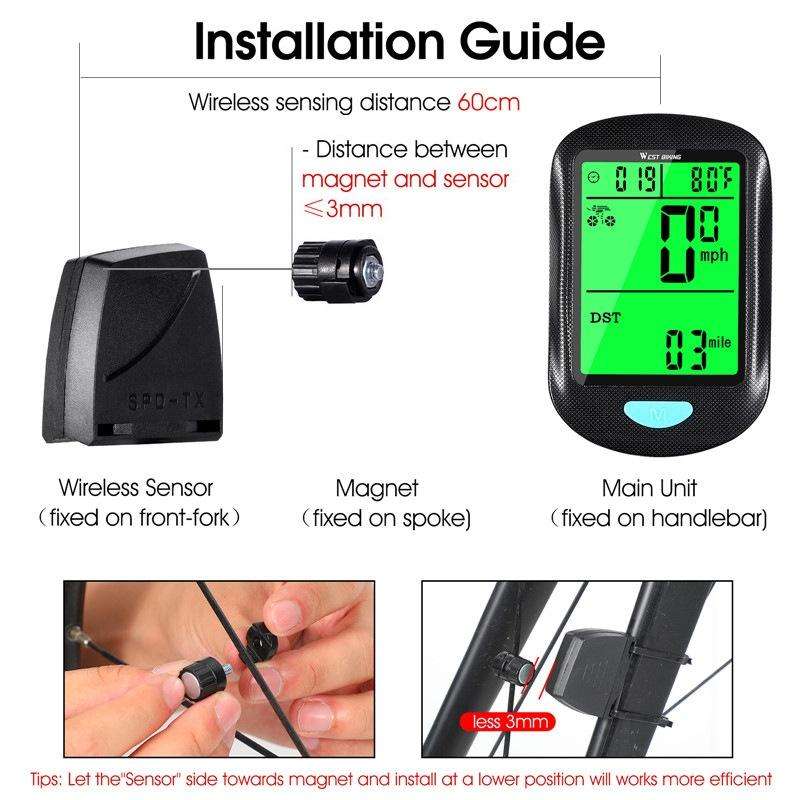 WEST BIKING Mountain Road Bike Wireless Code Meter Multi-Function Interface Riding Speedometer(Bl...