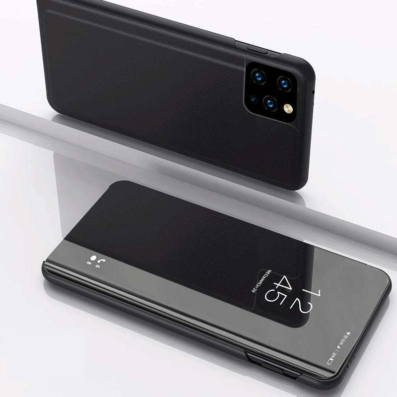 For Samsung Galaxy A22 5G Plated Mirror Horizontal Flip Leather Case with Holder(Black)