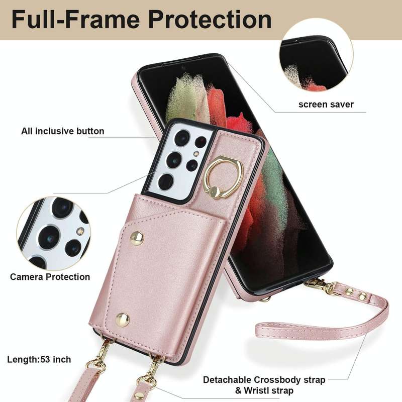 For Samsung Galaxy S21 Ultra 5G Zipper Card Bag Phone Case with Dual Lanyard(Rose Gold)
