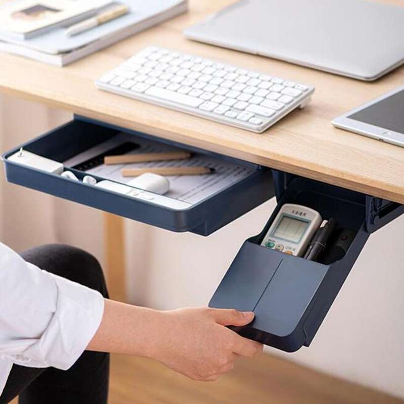 Under-Desk Storage Box Stationery Sundries Organize Hanging Box Hidden Drawer, Color: Blue Small