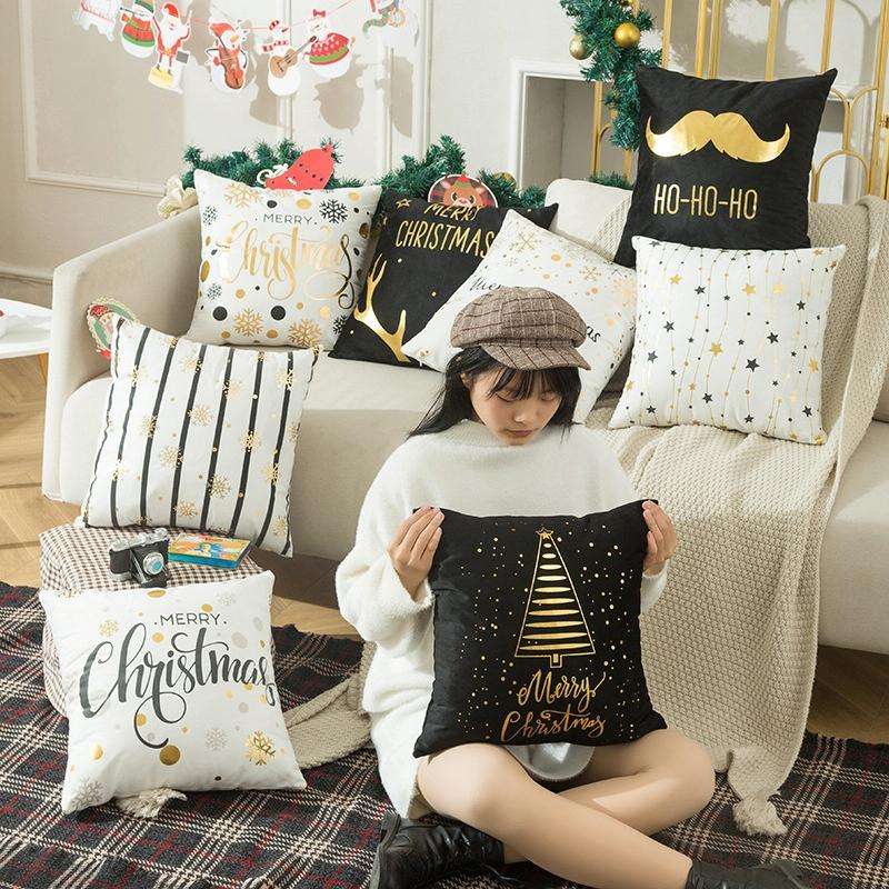 Merry Christmas Pillow Case Gold Foil Printing Pillow Cover Sofa Waist Throw Cushion Cover Coffee...