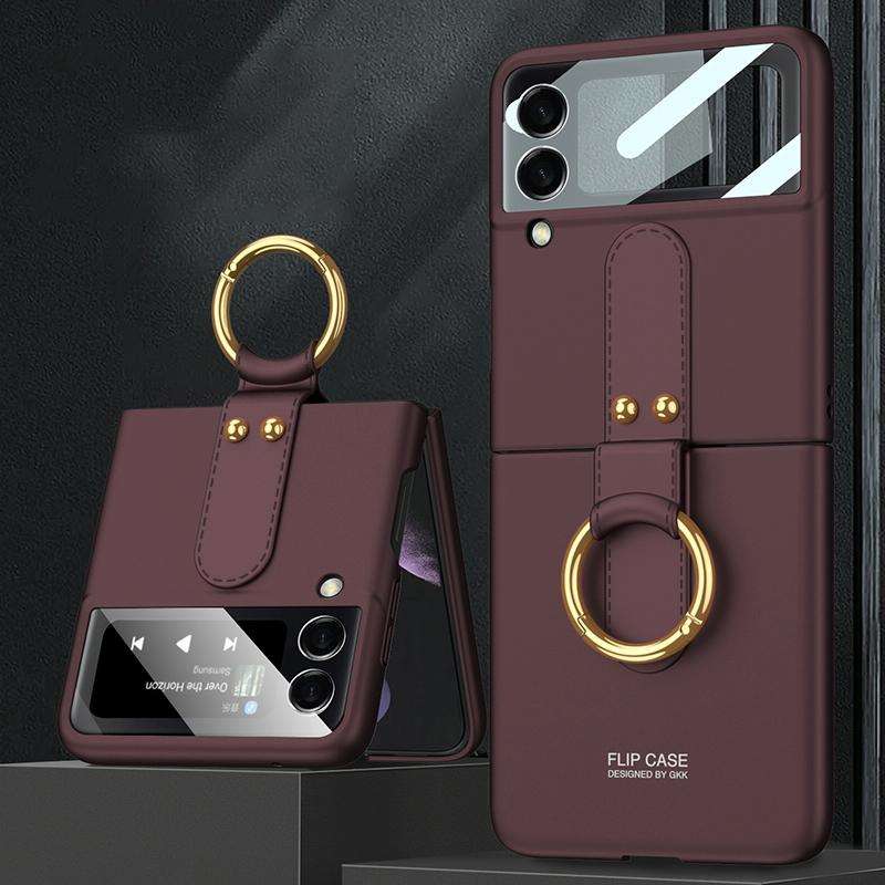 For Samsung Galaxy Z Flip4 GKK Ultra-thin PC Full Coverage Phone Flip Case with Ring Holder(Wine ...