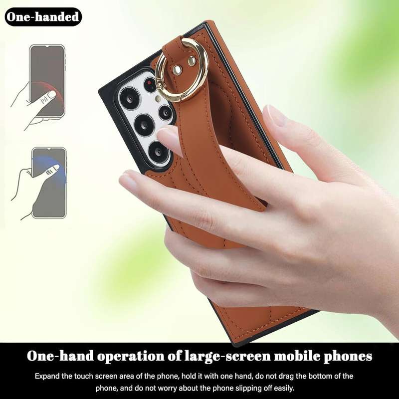 For Samsung Galaxy S22 Ultra Non-slip Full Coverage Ring PU Phone Case with Wristband(Brown)