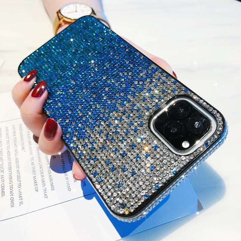 For iPhone 11 Pro Max PC + Crystal Diamond Tri-Color Gradient Protective Case(Gradient Blue)