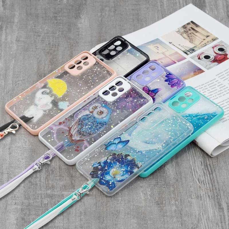 For Samsung Galaxy A73 5G Starry Sky Epoxy TPU Phone Case with Neck Lanyard(Purple Butterfly)