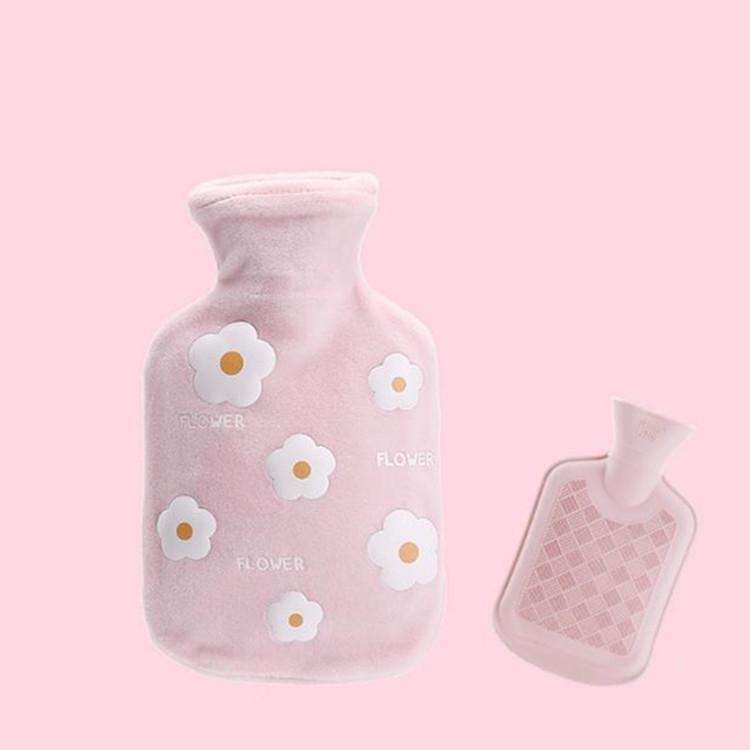 Cartoon Flowers Plush Hot Water Bottle Bag Injection Water Hand Warmer(Pink)