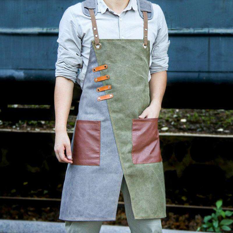 Denim Apron Barber Milk Tea Shop Waiter Overalls(Grey-green Shoulder Strap)