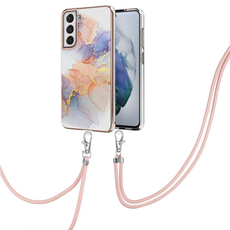 For Samsung Galaxy S21 FE Electroplating Pattern IMD TPU Shockproof Case with Neck Lanyard(Milky ...