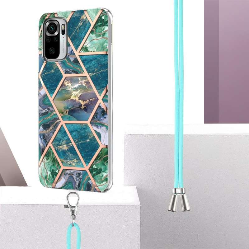 For Xiaomi Redmi Note 10s/Note 10 4G Electroplating Splicing Marble TPU Phone Case with Lanyard(B...
