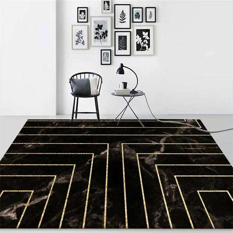 Marble Texture Square Lines Carpets Rugs For Home Living Room, Size:80x120cm(Black Gold)