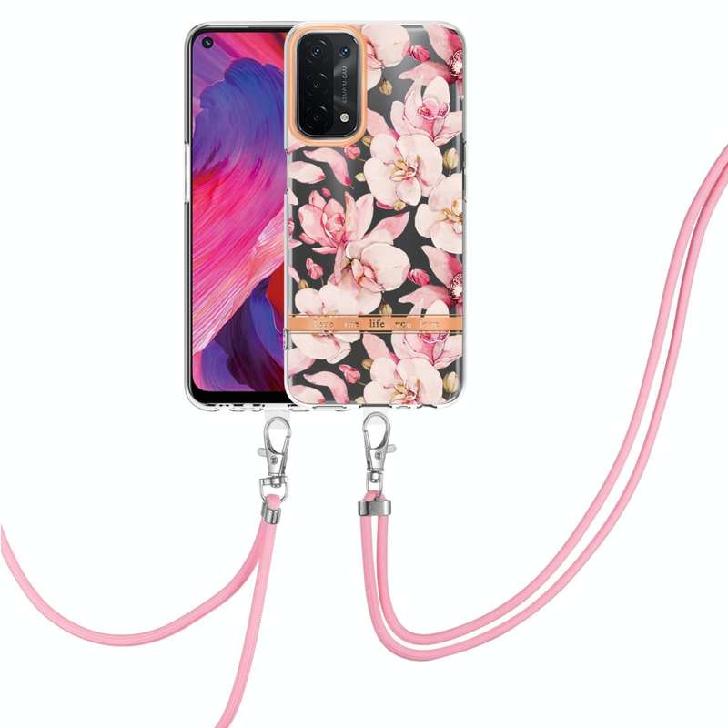 For OPPO A74 5G / A93 5G / A54 5G / A93S 5G Flowers Series TPU Phone Case with Lanyard(Pink Garde...