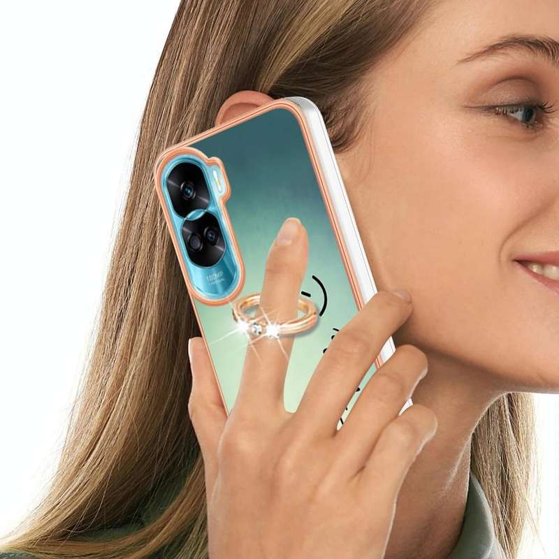 For Honor 90 Lite 5G Electroplating Dual-side IMD Phone Case with Ring Holder(Smile)