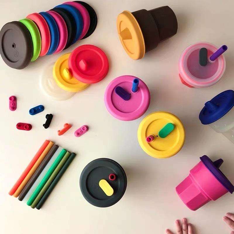 Children Silicone Straw Cups Drop And High Temperature Resistant Water Cups Brown Cup+Ink Green C...