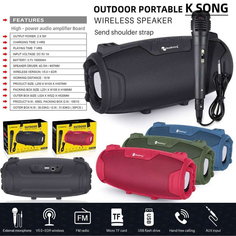 NewRixing NR3026M TWS Outdoor Portable K-song Bluetooth Speaker with Shoulder Strap & Microphone,...