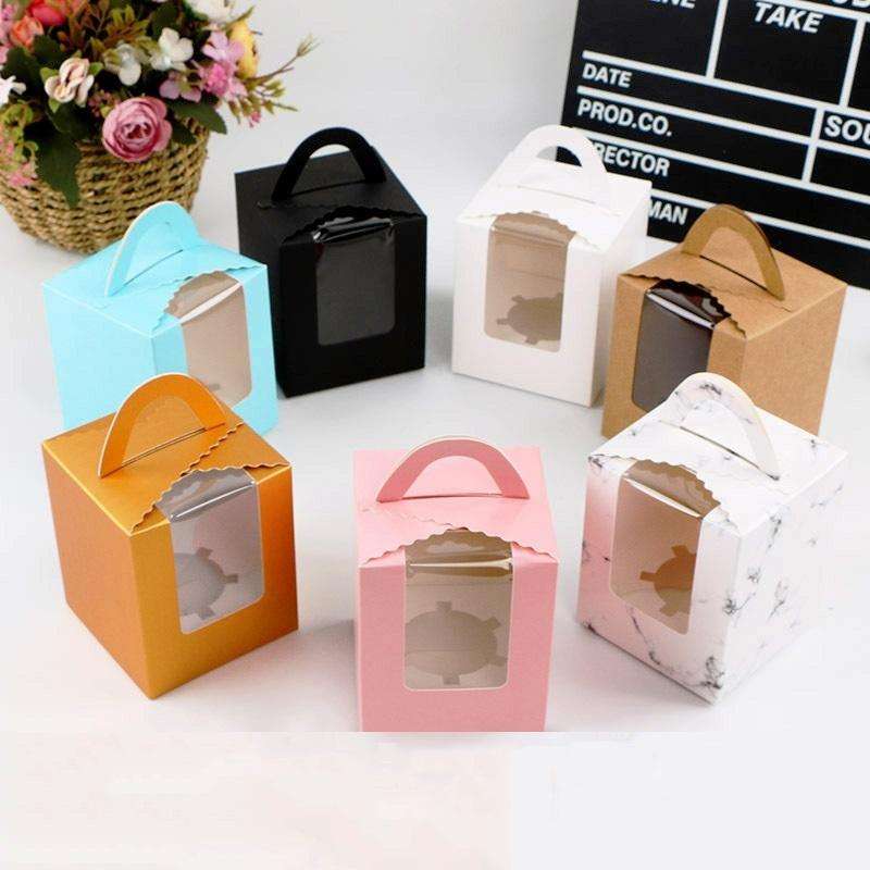 30 PCS Transparent Window 1 Piece Cardboard Portable Cup Cake Box Mousse Pastry Box Marble