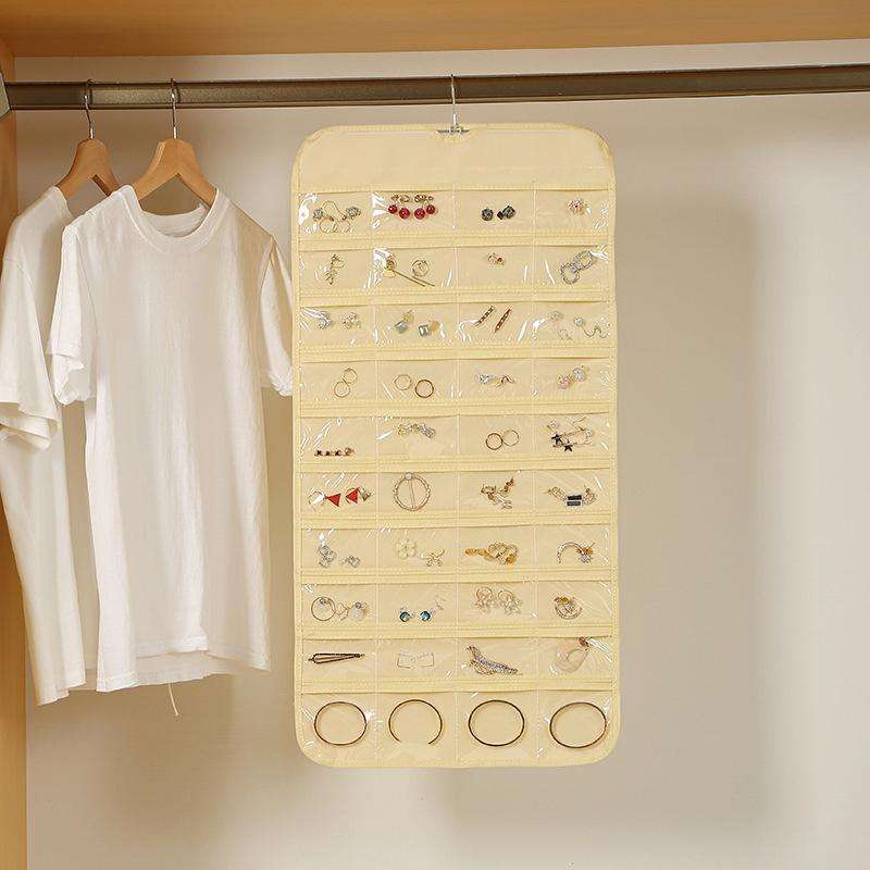 48-grid Jewelry Storage Hanging Bag Mon-woven Double-sided Jewelry Organizer Bag(White)