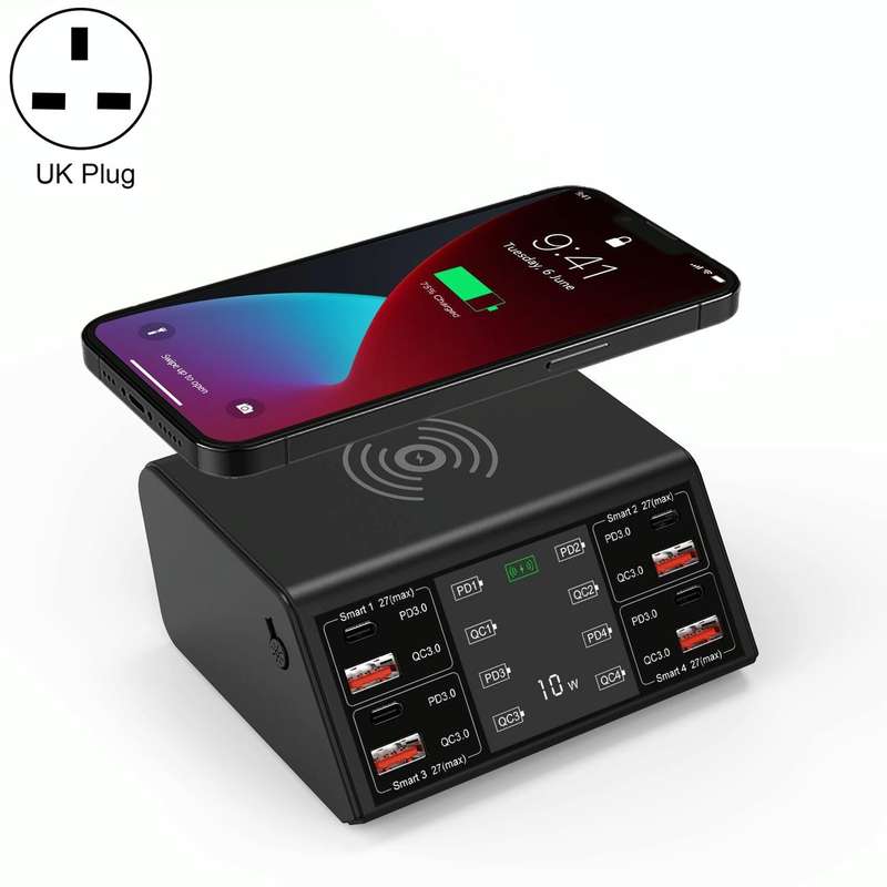 838w 9 in 1 100W 4 PD 3.0 USB-C / Type-C + 4 QC 3.0 USB Ports Smart Digital Display Wireless Char...