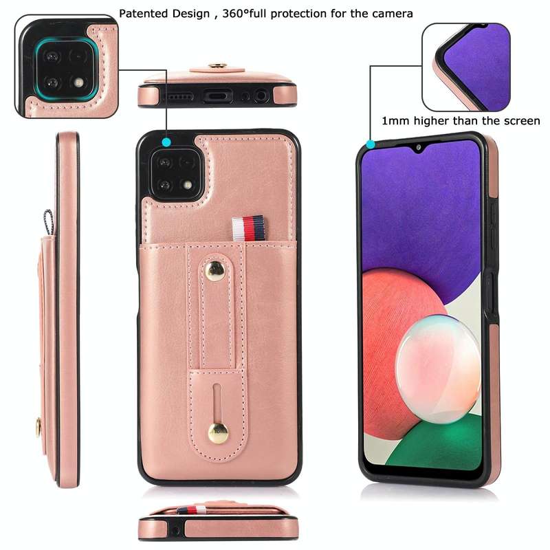 For Samsung Galaxy A22 5G Wristband Kickstand Wallet Leather Phone Case(Rose Gold)