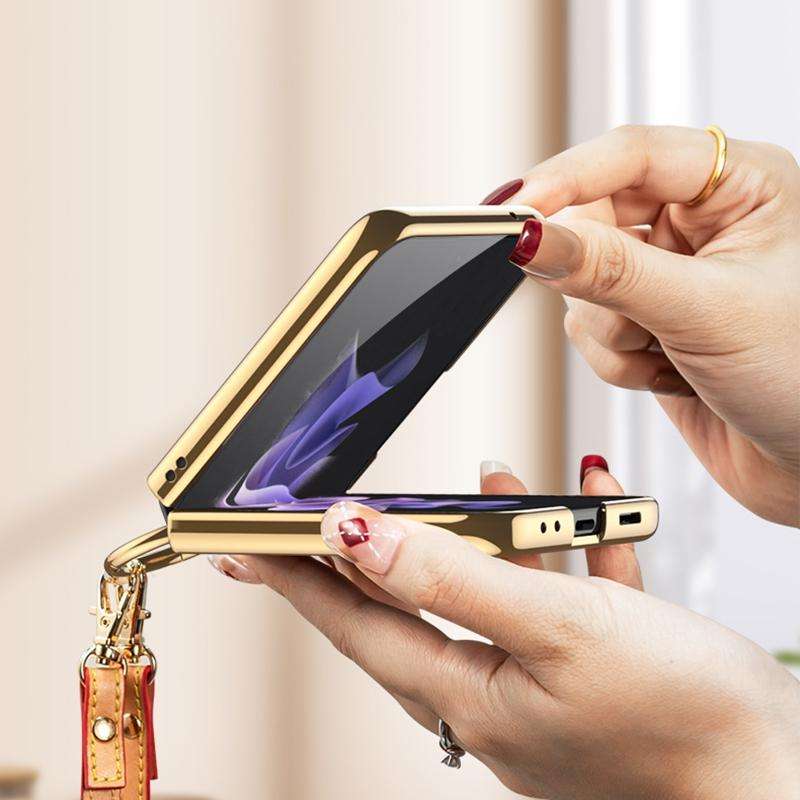 For Samsung Galaxy Z Flip4 GKK Plating + Leather Phone Case with Ring & Strap(White)