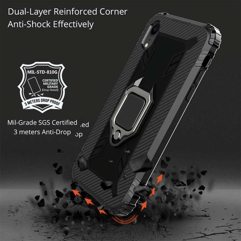 For iPhone X / XS Carbon Fiber Protective Case with 360 Degree Rotating Ring Holder(Black)