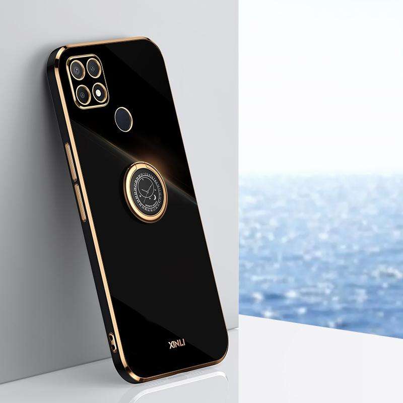 For OPPO A15 XINLI Straight 6D Plating Gold Edge TPU Shockproof Case with Ring Holder(Black)