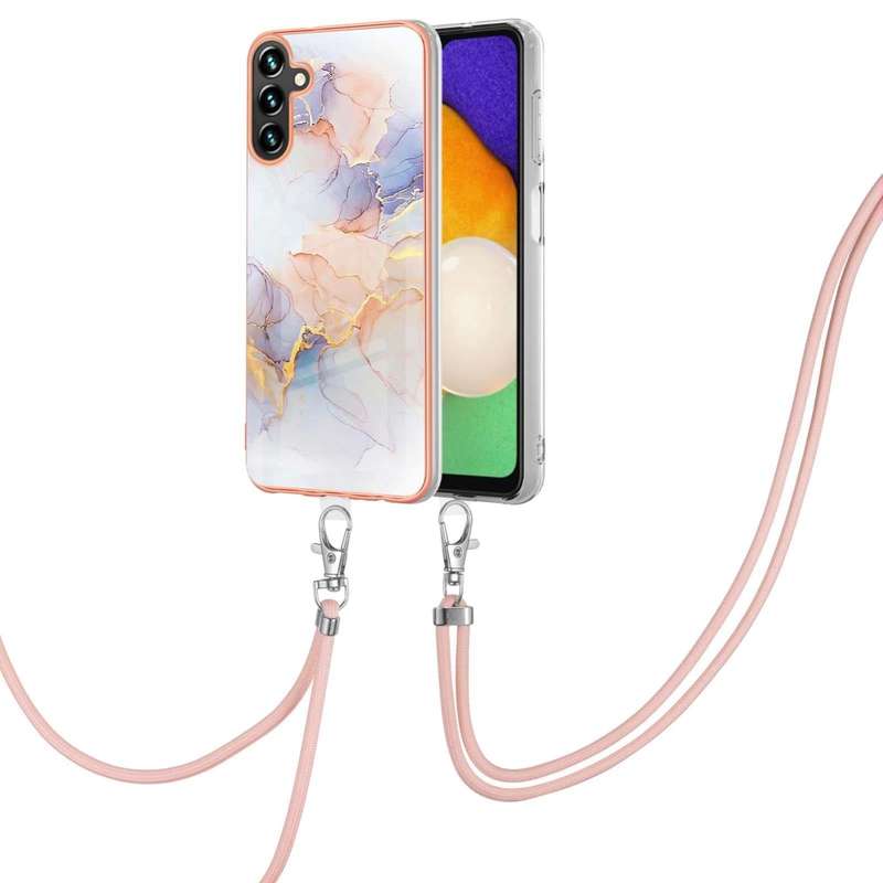 For Samsung Galaxy A14 5G Electroplating IMD TPU Phone Case with Lanyard(White Marble)