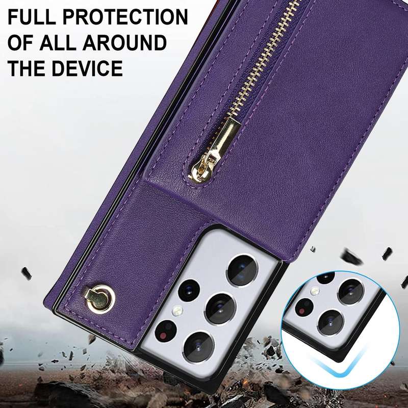 For Samsung Galaxy S21 Ultra 5G Cross-body Zipper Square TPU+PU Back Cover Case with Holder & Car...