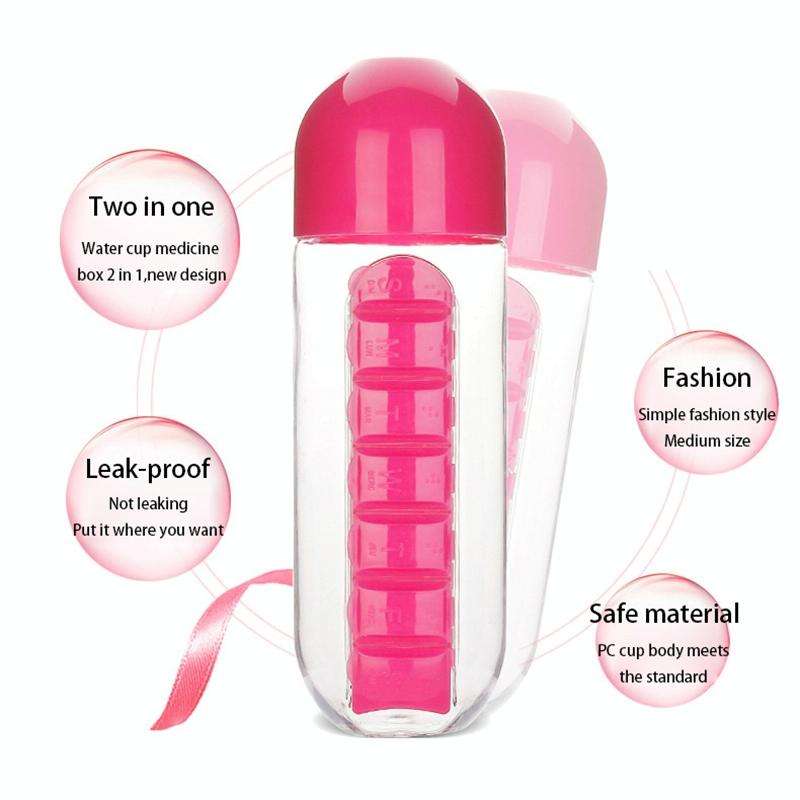 600ML Plastic Water Bottle with Daily Pill Box Organizer Drinking Bottles(Blue)