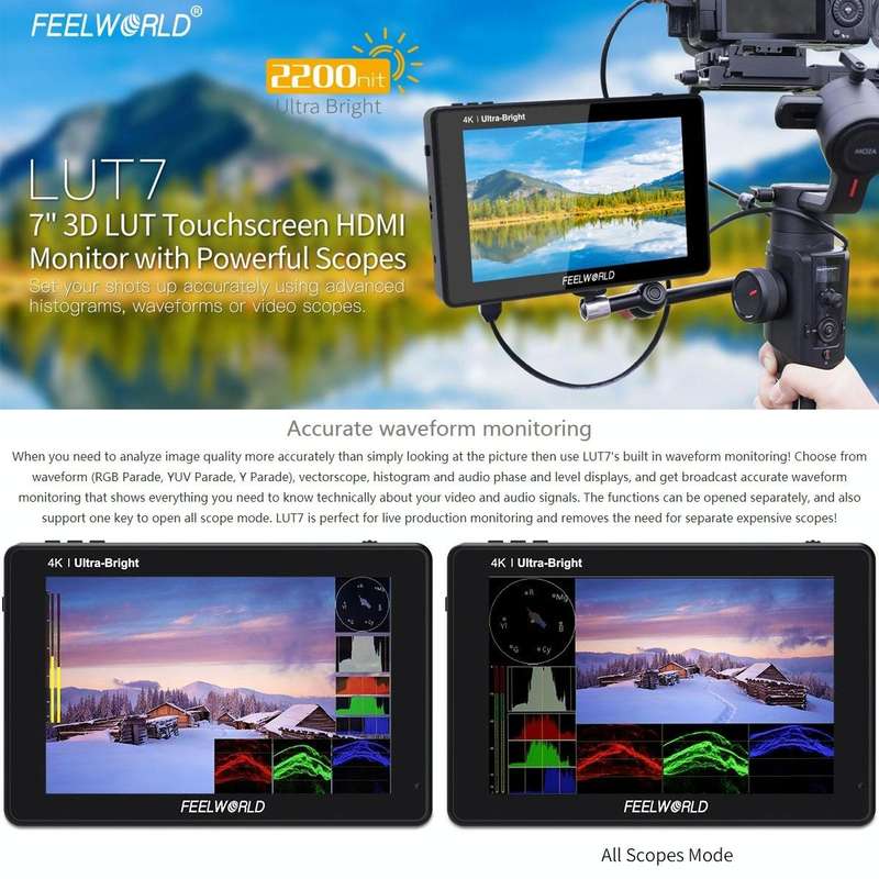 FEELWORLD LUT7 1920x1200 2200 nits 7 inch IPS Screen HDMI 4K Touch Screen Camera Field Monitor