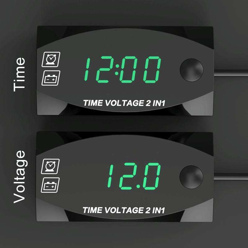 Motorcycle Multi-functional 2 in 1 Digital Display Voltmeter + Electronic Clock, 6-30V IP67 (Gree...