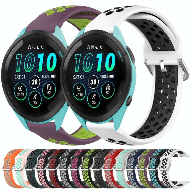 For Garmin Forerunner 265 22mm Perforated Breathable Sports Silicone Watch Band(Black+Rose Red)
