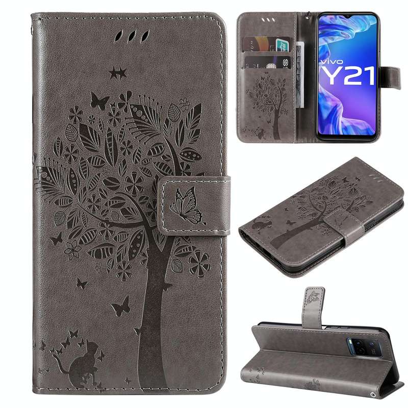 For vivo Y21/Y21s/Y33s Tree & Cat Embossing Pattern Horizontal Flip PU Leather Case with Holder &...
