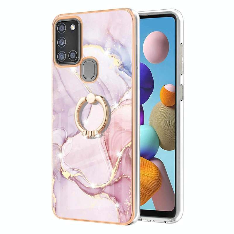 For Samsung Galaxy A21s Electroplating Marble Pattern IMD TPU Shockproof Case with Ring Holder(Ro...
