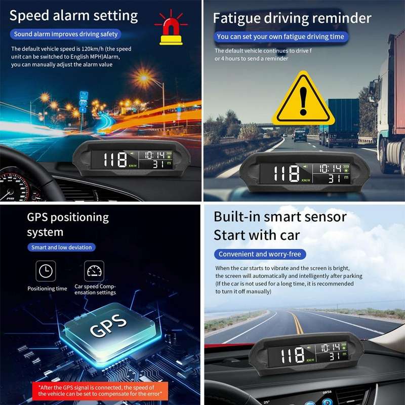 Car Solar HUD Tire Pressure Monitoring GPS Speed Time Altitude Table(Black)