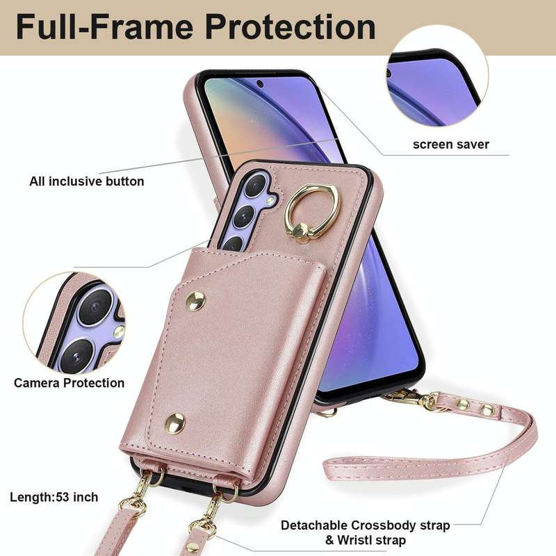 For Samsung Galaxy A54 5G Zipper Card Bag Phone Case with Dual Lanyard(Rose Gold)