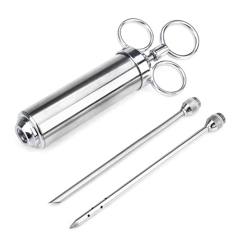 60ml Stainless Steel Syringe Dual Needles Condiment Turkey Meat Injector Cooking Tools (Silver)