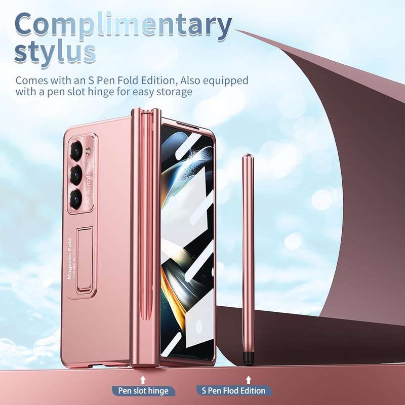 For Samsung Galaxy Z Fold5 Electroplating Corrugated Hinge Folding Phone Case with Pen Slot(Pink)
