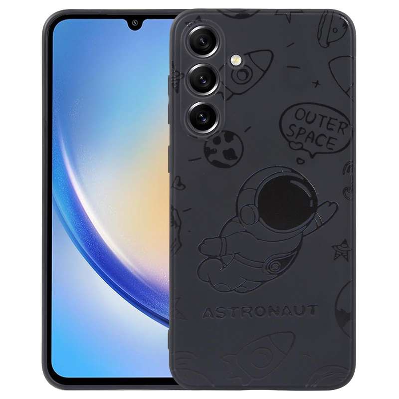 For Samsung Galaxy A34 5G Astronaut Pattern Silicone Straight Edge Phone Case(Flying Astronaut-Bl...