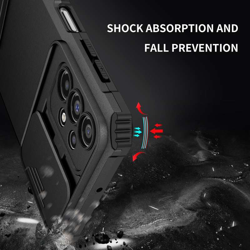 For Samsung Galaxy A23 4G Stereoscopic Holder Sliding Camshield Phone Case(Black)