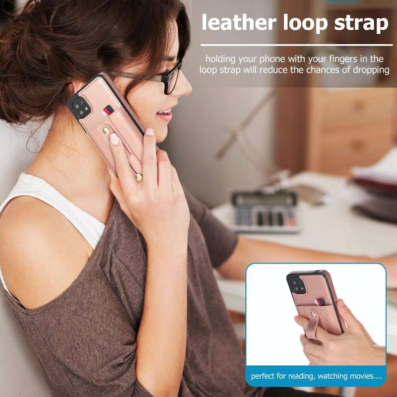 For Samsung Galaxy A22 5G Wristband Kickstand Wallet Leather Phone Case(Rose Gold)