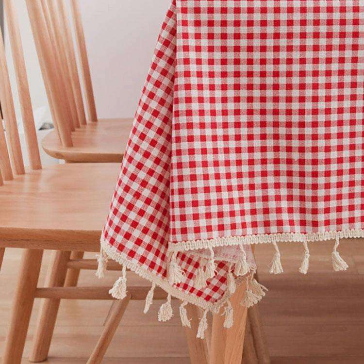 Tassel Lace Daisy Print Cotton Linen Tablecloth, Size:60x60cm(Red Plaid)